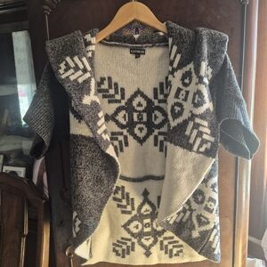 Express Cream and Gray Patterned Hooded Open-Front Cardigan